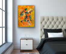 Load image into Gallery viewer, Modern bedroom with abstract painting on the wall, nightstand, and bed.