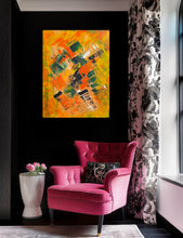 Load image into Gallery viewer, Pink armchair in a room with a colorful abstract painting on the wall.