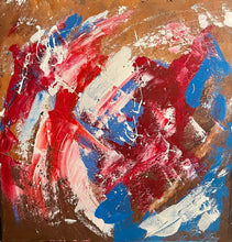Load image into Gallery viewer, Abstract painting with red, blue, and white on a brown background