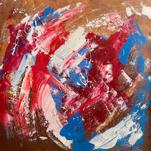 Load image into Gallery viewer, Abstract painting with red, blue, and white on a brown background