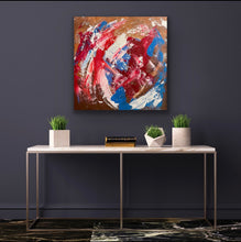 Load image into Gallery viewer, Abstract painting on a dark wall above a console table with decorative items.