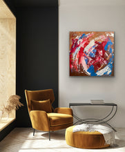 Load image into Gallery viewer, Modern interior with a mustard yellow armchair, round ottoman, and abstract painting on a white wall.