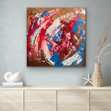 Load image into Gallery viewer, Abstract painting with red, blue, and white on a wooden shelf against a gray wall.
