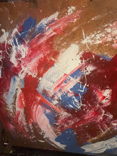 Load image into Gallery viewer, Abstract painting with red, blue, and white on a brown background