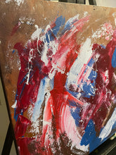 Load image into Gallery viewer, Abstract painting with red, blue, and white on a wooden surface
