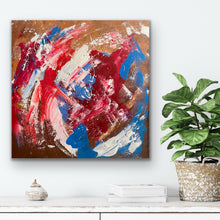 Load image into Gallery viewer, Abstract painting with red, blue, and white on a wall above a shelf with decor items and a plant.