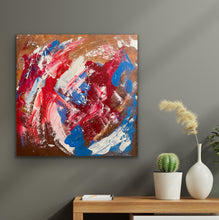 Load image into Gallery viewer, Abstract painting on a wall with a table and decorative items below.
