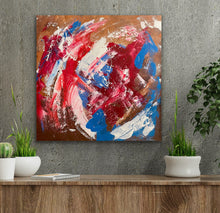 Load image into Gallery viewer, Abstract painting with red, blue, and white on a brown background, displayed on a wall above a wooden surface with plants.