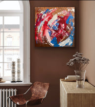 Load image into Gallery viewer, Abstract painting on a wall with a chair and table in a room.