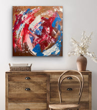 Load image into Gallery viewer, Abstract painting on a wall above a wooden dresser with a chair and vase.