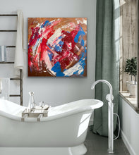 Load image into Gallery viewer, Bathroom interior with a freestanding bathtub, abstract painting, and window.