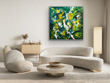 Load image into Gallery viewer, Modern living room with a curved sofa, round coffee table, and abstract painting on the wall.