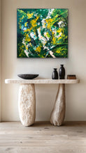 Load image into Gallery viewer, Abstract painting above a stone console table with decorative items.