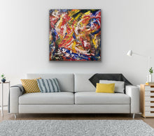 Load image into Gallery viewer, Modern living room with a gray sofa, colorful abstract painting, and decorative pillows.