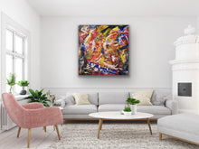 Load image into Gallery viewer, Modern living room with a colorful abstract painting on the wall.