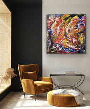 Load image into Gallery viewer, Modern interior with a mustard chair, ottoman, and abstract painting on a black wall.