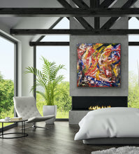 Load image into Gallery viewer, Modern bedroom with abstract painting, white chair, and large windows.