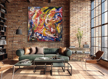 Load image into Gallery viewer, Modern living room with a colorful abstract painting on a brick wall.