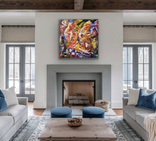 Load image into Gallery viewer, Modern living room with a colorful abstract painting above a fireplace.