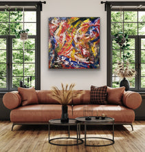 Load image into Gallery viewer, Modern living room with a brown leather sofa, round coffee tables, and a colorful abstract painting on the wall.