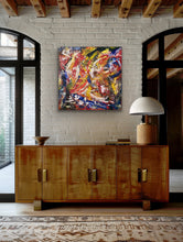 Load image into Gallery viewer, Wooden sideboard with a colorful abstract painting above it on a white brick wall.