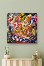 Load image into Gallery viewer, Abstract painting on a wall above a console table with decorative items.