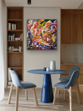 Load image into Gallery viewer, Modern interior with a blue table and chairs, wooden bookshelf, and colorful abstract painting.