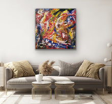 Load image into Gallery viewer, Modern living room with a colorful abstract painting on the wall above a sofa.