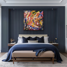 Load image into Gallery viewer, Modern bedroom with a colorful abstract painting on a dark blue wall.