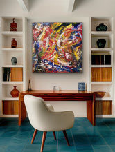 Load image into Gallery viewer, Modern office with a colorful abstract painting, wooden desk, and white chair.