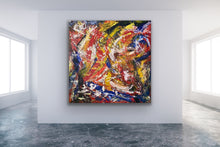 Load image into Gallery viewer, Abstract painting on a white wall in a room with large windows.