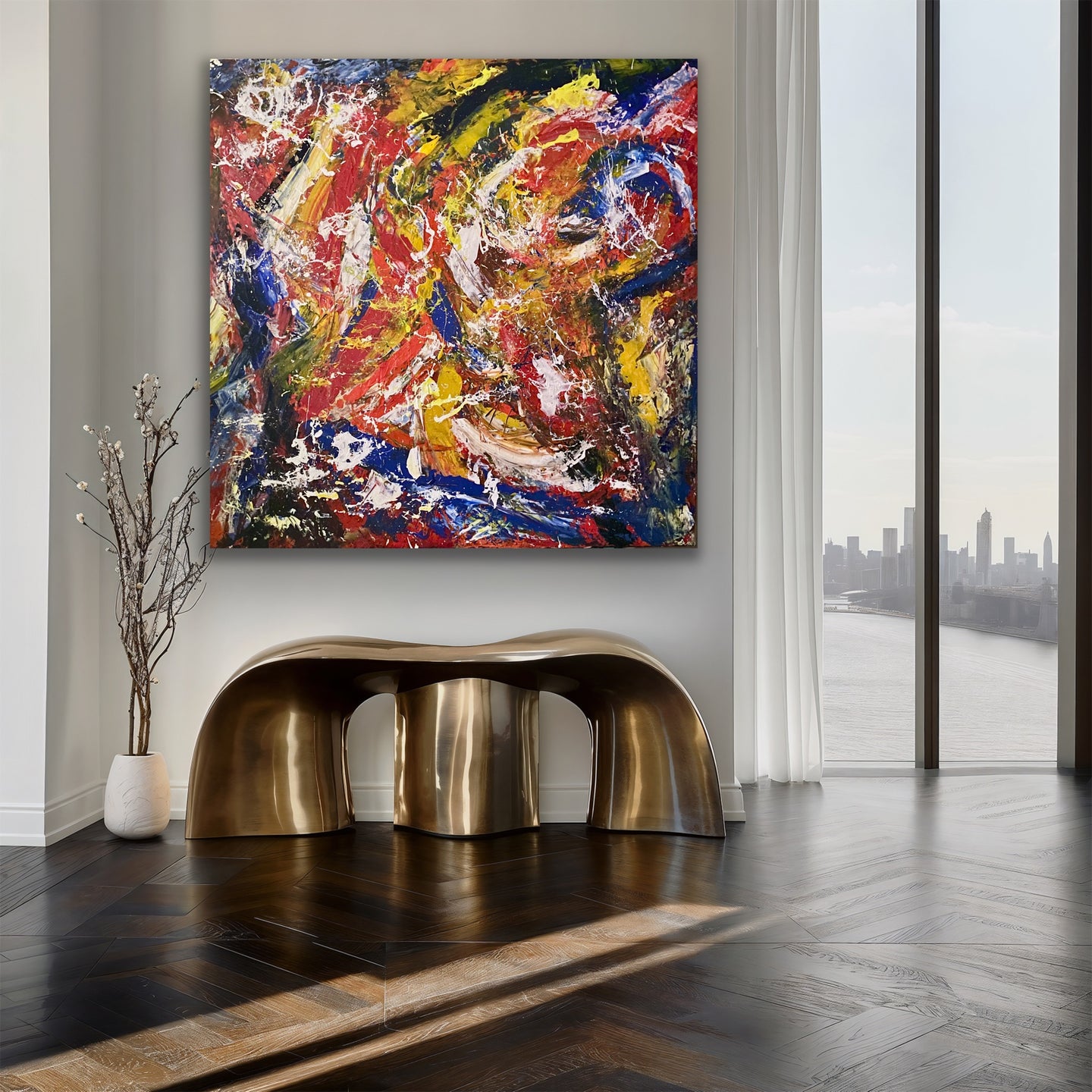 Abstract painting above a modern gold bench in a room with large windows.