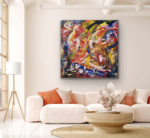 Load image into Gallery viewer, Colorful abstract painting on a wall above a white sofa in a living room.
