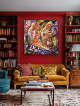 Load image into Gallery viewer, Living room with a yellow sofa, colorful painting, and bookshelves.