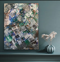 Cargar imagen en el visor de la galería, "Stained Glass" Abstract Original featuring vibrant greens, white &amp; brown. Available for purchase online across the United States and Globally. 