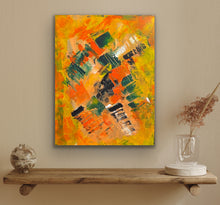 Load image into Gallery viewer, Original abstract expressionist painting of figures in motion on a 16x20 canvas with vibrant orange, black, and white acrylics by Tony Hammer.