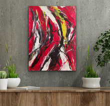 Load image into Gallery viewer, This original abstract acrylic painting features a bold red and black color palette, hand-painted in my Fort Lauderdale studio. Perfectly sized for small office walls or a home study, this textured canvas brings a modern, sophisticated look to any compact space.