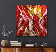 Load image into Gallery viewer, "Fire of Life" by Tony Hammer. A 36x36 original abstract masterpiece featuring explosive, heavy-textured impasto strokes in red, yellow, and white. This high-impact expressionist painting captures raw energy and movement for luxury interior design.
